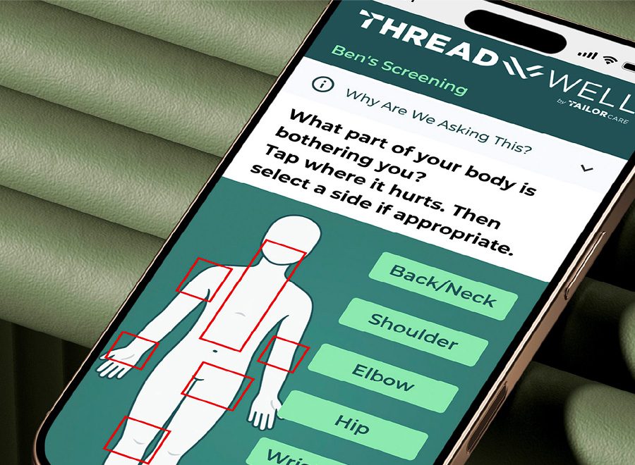 ThreadWell mobile intake on a phone, asking where the patient's pain is