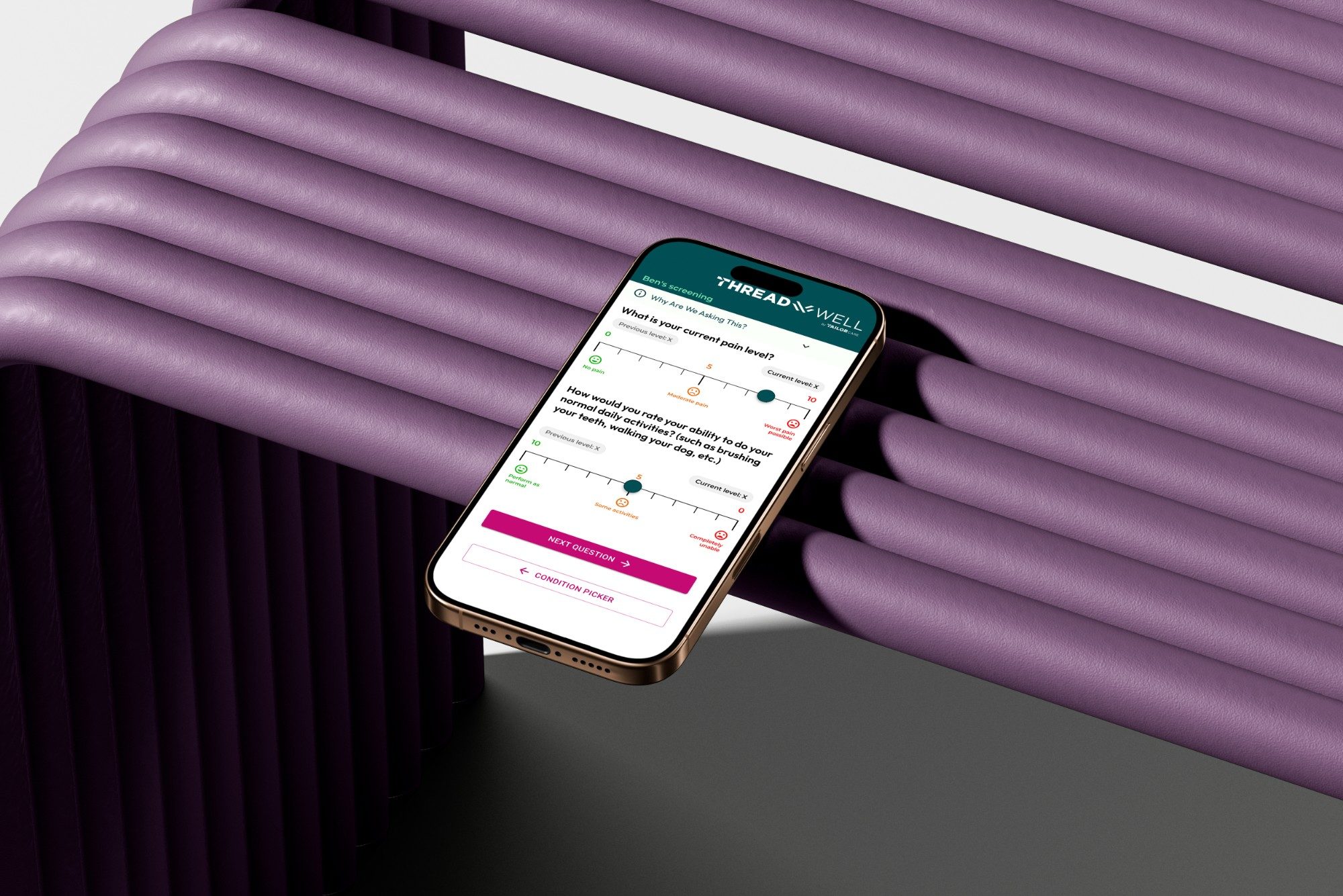 ThreadWell intake on a phone, asking the patient to rate their pain and daily activity